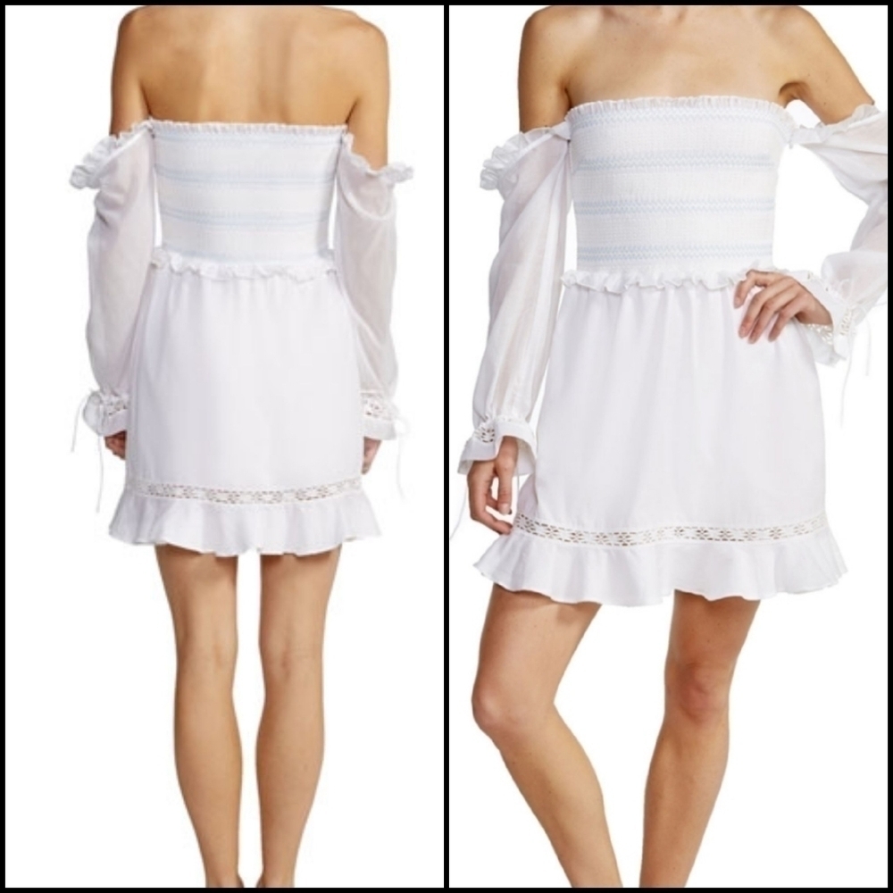 NEW! KISUII White Cotton Smocked Off The Shoulder Mini Dress XS.